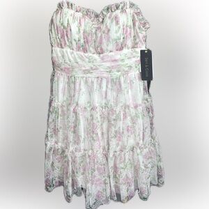 White Strapless Mini Dress with Pink Floral Print